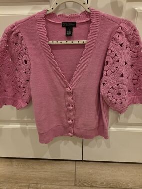 Saks Fifth Avenue Pink Crochet Puff-Sleeve V-Neck Cardigan